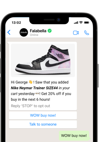 A WhatsApp cart recovery message from Falabella offers George 20% off Nike Neymar Trainers.